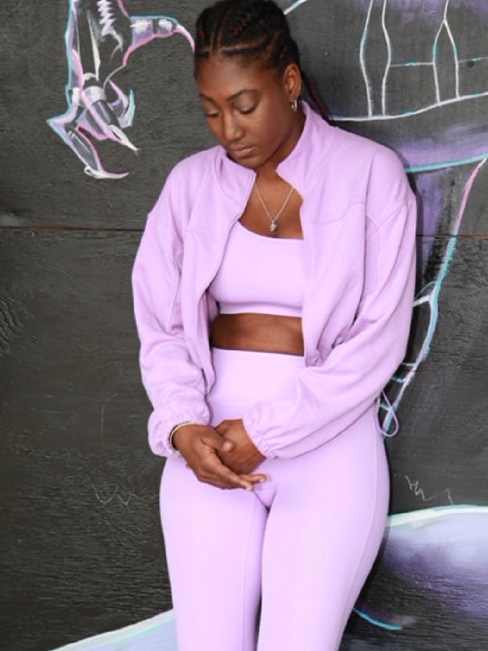 Lavender Active High-Waist Leggings & Crop Top Set with Lightweight Jacket